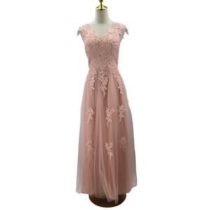 FORMAL SZ 4 S Pink V-Neck Tulle Embroidered Lace A-Line Maxi Party Dress NWT B60